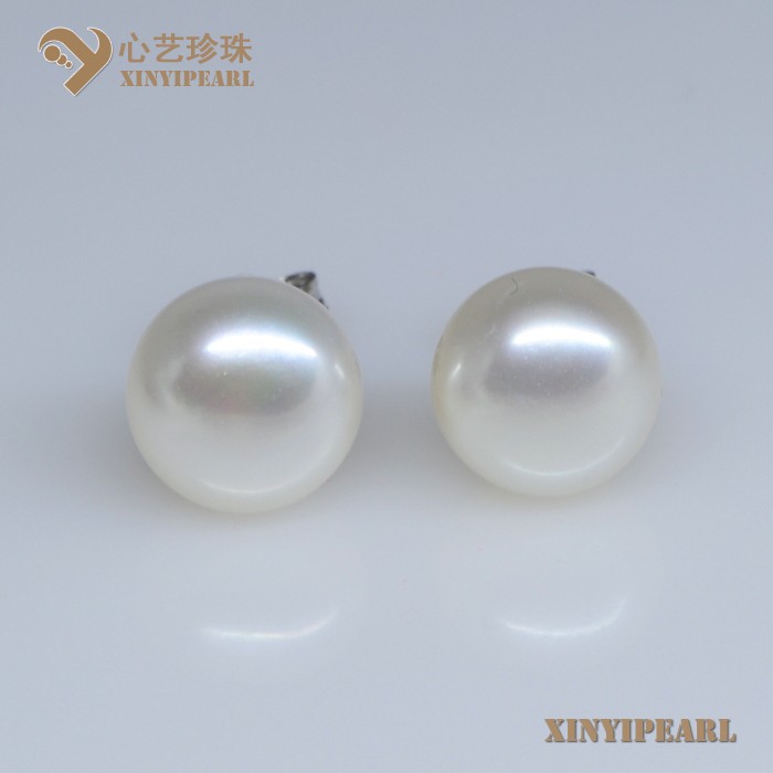 (11-12mm白色)珍珠耳钉XY13048-1|心艺扁圆淡水珍珠耳钉图片