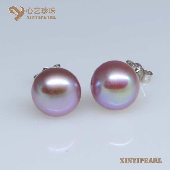 (11-12mm紫色)珍珠耳钉XY13048-3|心艺扁圆淡水珍珠耳钉图片