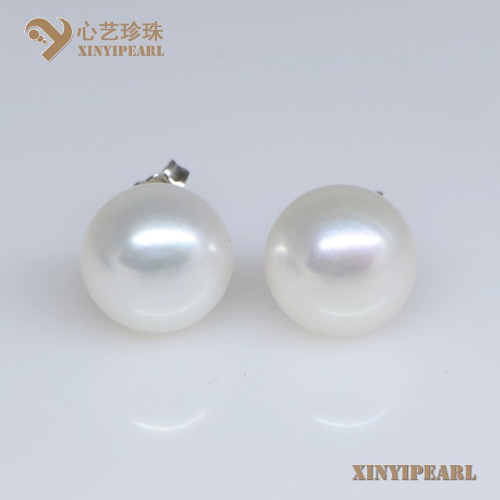 (13-14mm白色)珍珠耳钉XY13050|心艺扁圆淡水珍珠耳钉图片