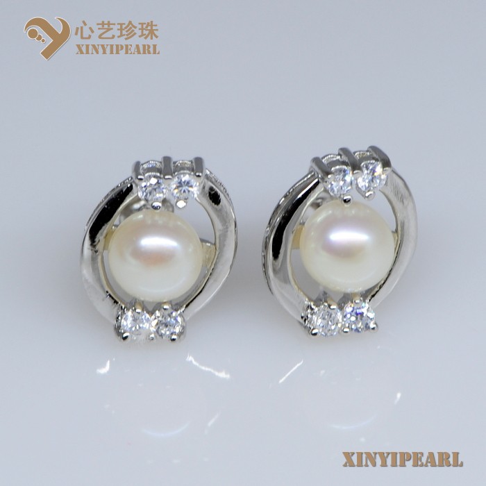 (7-8mm白色)珍珠耳钉XY13052-1|心艺扁圆淡水珍珠耳钉图片