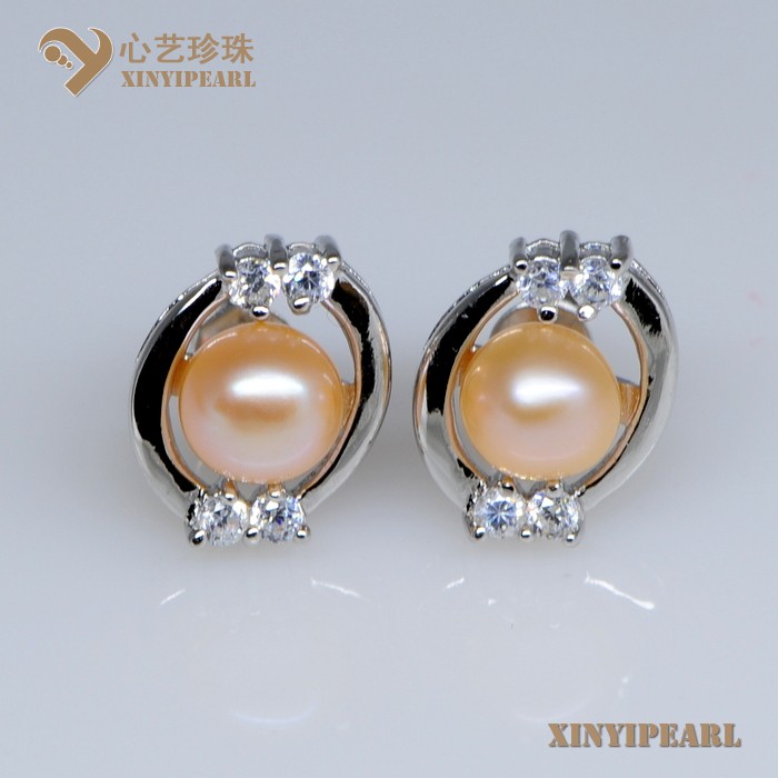 (7-8mm粉色)珍珠耳钉XY13052-2|心艺扁圆淡水珍珠耳钉图片